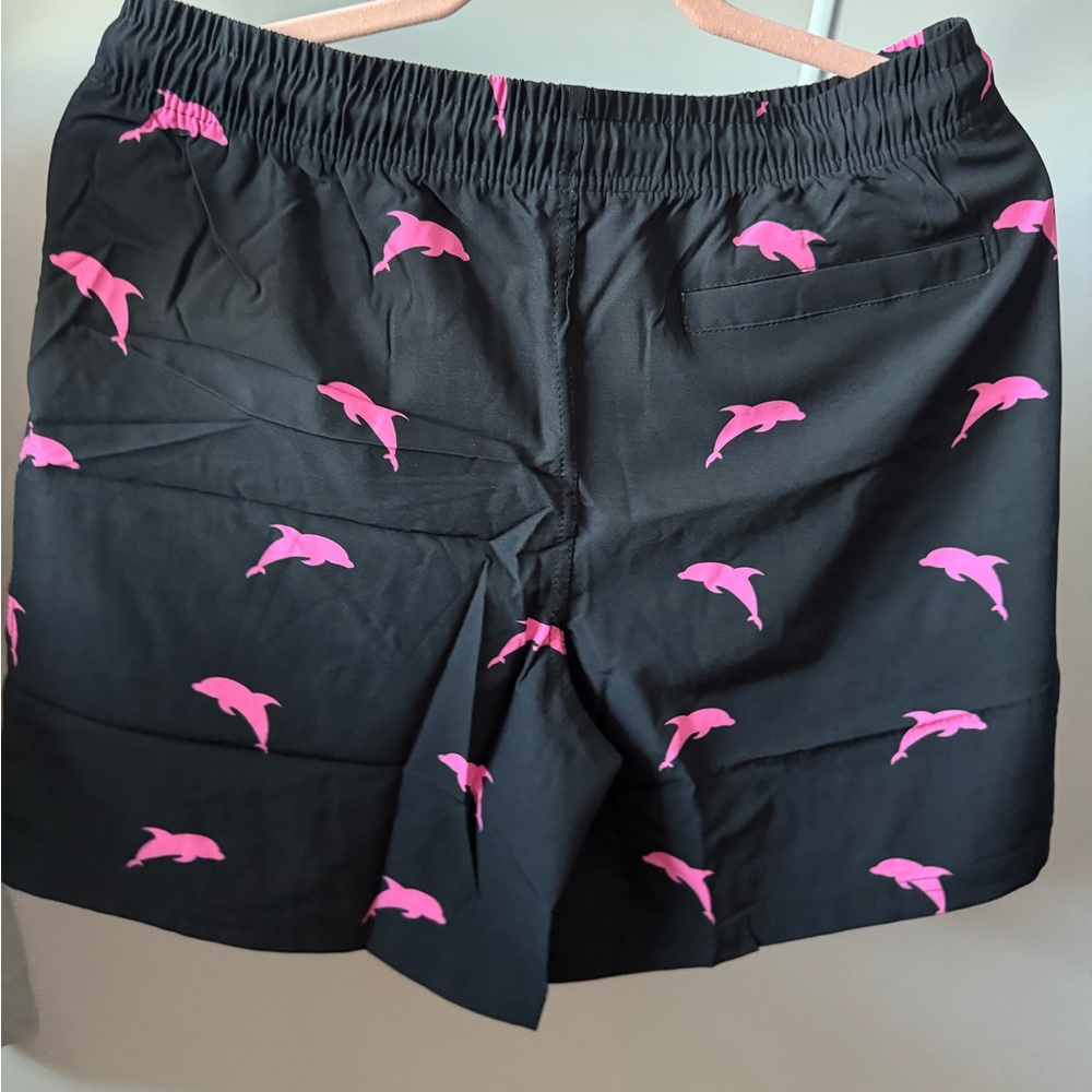 Pink Dolphin Patterned Black Swim Trunks